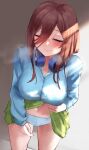  1girl after_sex after_vaginal amog blue_cardigan blue_panties blush breasts brown_hair cardigan closed_eyes closed_mouth clothes_lift commentary_request cum cum_in_clothes cum_in_panties go-toubun_no_hanayome green_skirt groin hair_over_one_eye headphones headphones_around_neck heavy_breathing large_breasts lifted_by_self long_hair long_sleeves nakano_miku navel paid_reward_available panties pleated_skirt school_uniform skirt skirt_lift solo stained_panties standing underwear visible_air 