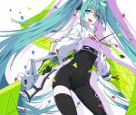  1girl aqua_eyes aqua_hair black_bodysuit bodysuit commentary_request covered_navel feet_out_of_frame flag gloves hair_between_eyes hatsune_miku highres hiyashinssu holding holding_flag long_hair looking_at_viewer looking_down open_mouth race_queen racing_miku racing_miku_(2022) smile solo teeth thighhighs twintails upper_teeth_only very_long_hair vocaloid yellow_gloves 