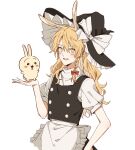  1girl apron black_headwear black_jacket black_skirt blonde_hair bow chibi hair_bow hat hitte5416 holding jacket kirisame_marisa large_bow looking_at_viewer rabbit red_bow shirt skirt smile solo touhou white_apron white_background white_bow white_shirt witch_hat yellow_eyes 