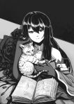  1girl book breasts cat cleavage cleavage_cutout clothing_cutout commentary detached_sleeves elbow_gloves english_commentary fallenspherell flower gloves greyscale head_rest highres indie_virtual_youtuber large_breasts long_hair monochrome nanasu_anone rose smile solo upper_body virtual_youtuber 