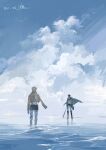  2boys absurdres amputee blue_sky capelet chitudeyiling cloud cloudy_sky erwin_smith floating_clothes green_capelet highres holding holding_sword holding_weapon levi_(shingeki_no_kyojin) male_focus multiple_boys ocean painterly pants paradis_military_uniform perspective shingeki_no_kyojin short_hair sky survey_corps_(emblem) sword wading weapon wind 