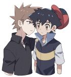 2boys ash_ketchum black_hair blush brown_eyes brown_hair closed_mouth collared_shirt commentary_request gary_oak hand_on_another&#039;s_shoulder hat highres jacket jewelry looking_at_another male_focus multiple_boys necklace parted_lips pokemon pokemon_(anime) pokemon_dppt_(anime) popped_collar red_headwear shirt short_hair short_sleeves spiked_hair tuze111 upper_body white_background 
