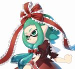  1girl bad_source blunt_bangs clenched_hand closed_mouth dress frilled_ribbon frills front_ponytail green_eyes green_hair hair_ribbon inkling kagiyama_hina long_hair nomu_(29_nom) pointy_ears puffy_short_sleeves puffy_sleeves red_dress red_ribbon ribbon short_bangs short_sleeves simple_background smile solo splatoon_(series) touhou upper_body white_background wrist_ribbon 