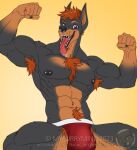  5_fingers abs anthro armpit_hair biceps black_body black_fur body_hair bulge canid canine canis chest_hair chester_(bigbeefinboy) clothed clothing dobermann domestic_dog eyebrows fangs fingers flexing fur hair male mammal muscular muscular_anthro muscular_male myfurrymind nipple_piercing nipples partially_clothed pecs piercing pinscher pubes solo teeth tongue tongue_out 