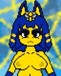  animal_crossing animated ankha_(animal_crossing) anthro bandage blue_eyes blue_hair breast_squish breasts domestic_cat egyptian_headdress felid feline felis female fur hair low_res lucidnightmarezz mammal medallion nintendo nipples nude solo squish yellow_body yellow_fur 