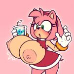  1:1 absurd_res accessory amy_rose anthro beverage big_breasts blush bracelet breast_expansion breasts clothing container cup dress eulipotyphlan expansion female fur gloves green_eyes hair_accessory hairband handwear hedgehog hi_res huge_breasts jewelry mammal pink_body pink_fur sega solo sonic_the_hedgehog_(series) stunnerpony torn_clothing 