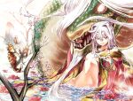 1girl breasts character_request closed_mouth cover cover_page dragon eastern_dragon fish flower hair_between_eyes holding holding_jewelry holding_necklace japanese_clothes jewelry kimono navel necklace open_clothes open_kimono partially_submerged red_eyes red_flower seahorse smile touge_oni tsuru_(clainman) white_hair 