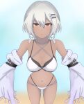  arm_belt belt bikini black_belt black_bikini commentary_request dark-skinned_female dark_skin detached_sleeves earrings expressionless g.g._shou highres jewelry layered_bikini looking_at_viewer multi-strapped_bikini_top navel nier_(series) nier_reincarnation noelle_(nier) noelle_(summer_weapon)_(nier) o-ring o-ring_bottom official_alternate_costume orange_eyes parted_lips short_hair standing swimsuit thighs white_bikini white_hair 