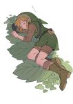  1boy 64ibon absurdres blonde_hair boots brown_footwear brown_shirt brown_shorts closed_eyes full_body green_headwear green_tunic highres leaf link lying male_focus on_side outdoors parted_lips pointy_ears shirt short_hair shorts sidelocks sleeping solo the_legend_of_zelda zzz 