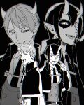  2boys :d ^_^ belt black_background buttons capelet cigarette clipboard closed_eyes coat collared_capelet collared_shirt dantalion_dali demon_boy demon_horns domino_mask double-breasted double-parted_bangs facing_to_the_side fangs from_side greyscale hair_between_eyes half-closed_eyes half_mask highres holding holding_clipboard horns ifrit_djinn_eito looking_at_viewer mairimashita!_iruma-kun mask monochrome multiple_boys multiple_views necktie nervous_smile oni_horns pointy_ears projected_inset raurii scratching_cheek shirt short_hair simple_background slit_pupils smile smoke smoking sweatdrop teeth uniform upper_body upper_teeth_only 