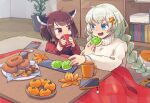  2girls ahoge alternate_costume blade blue_eyes blurry blurry_background braid brown_hair collared_shirt commentary_request cookie cup doughnut drinking eating food food_bite food_request fruit grey_hair hair_ornament headgear holding holding_cup holding_food indoors kizuna_akari kotatsu long_hair long_sleeves looking_at_another looking_to_the_side low_twin_braids mandarin_orange mug multiple_girls nintendo_switch open_mouth orange_peel reaching red_eyes red_shirt shelf shirt smile star_(symbol) star_hair_ornament sweater table touhoku_kiritan turtleneck turtleneck_sweater twin_braids under_kotatsu under_table very_long_hair voiceroid white_sweater wooden_floor yozumi_(caballero_423) zunda_mochi 