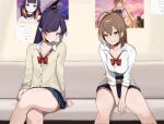  2girls ara_ara_on_a_train_(meme) arm_support bare_legs black_choker blush bow bowtie bromide brown_eyes brown_hair cardigan center-flap_bangs choker crossed_legs feet_out_of_frame flat_chest hand_on_own_knee hololive hololive_english indoors ku_roiko legs long_hair looking_at_viewer loose_bowtie meme miniskirt mole mole_under_eye multicolored_hair multiple_girls nanashi_mumei ninomae_ina&#039;nis ninomae_ina&#039;nis_(1st_costume) open_collar pleated_skirt pointy_ears ponytail purple_hair red_bow red_bowtie school_uniform sitting skirt smile solo streaked_hair tentacle_hair tentacles virtual_youtuber yellow_cardigan 