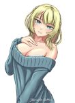  1girl alternate_costume artist_name bare_shoulders blonde_hair blue_eyes blue_sweater breasts cleavage collarbone colorado_(kancolle) cowboy_shot hand_on_own_chest kantai_collection large_breasts long_sleeves looking_at_viewer off-shoulder_sweater off_shoulder one-hour_drawing_challenge rekka_yamato short_hair simple_background smile solo sweater white_background 