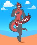  anthro beach blush bodily_fluids cinnaminnikitty clothed clothing cum dragon embarrassed erection exhibitionism facial_hair foreskin genital_fluids genitals hi_res kabob_(dragonkabob) male outdoor_nudity outside partially_clothed penis pubes seaside solo 