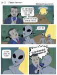  alien alien_humanoid black_eyes clothed clothing comic dialogue english_text extraterrestrial featureless_crotch flying_saucer grey_body grey_skin group hi_res human humanoid humanoid_hands humor mammal microphone necktie news news_reporter not_furry nude open_mouth profanity reporter rileywigglewood roswell_grey sign spacecraft text ufo vehicle walking 