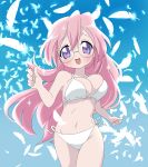  1girl bare_shoulders bikini blue_background blush bouncing_breasts breasts commentary_request cowboy_shot feathers glasses hand_up happy highres large_breasts long_hair looking_at_viewer lucky_star navel oira_wa_arumajiro open_mouth pink_hair purple_eyes round_eyewear running side-tie_bikini_bottom sidelocks skindentation smile solo sparkle standing stomach swimsuit takara_miyuki thighs white_bikini white_feathers 