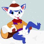  2016 anthro anus balls bodily_fluids bottomless clothed clothing genital_fluids genitals gnar_(lol) holding_own_leg league_of_legends male mezzanine_(artist) partially_clothed penis precum riot_games snow_day_gnar solo yordle 