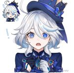  ! 1girl ahoge artist_name ascot asymmetrical_gloves black_gloves blue_ascot blue_brooch blue_eyes blue_hair blue_headwear furina_(genshin_impact) genshin_impact genshin_impact_sticker_redraw_(meme) gloves hair_between_eyes hat heterochromia light_blue_hair looking_back meme mismatched_gloves multicolored_hair open_mouth sidelocks simple_background solo streaked_hair teeth top_hat two-tone_hair upper_body upper_teeth_only white_background white_gloves xyzozizi 