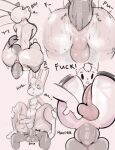  animal_crossing anthro anus backsack balls big_butt bodily_fluids butt butt_grab cum dialogue duo english_text eyes_closed genital_fluids genitals girly hand_on_butt hi_res lagomorph leporid looking_back male male/male mammal monochrome multiple_angles nintendo penis rabbit rear_view sasha_(animal_crossing) simple_background small_waist sound_effects text thick_thighs vroorv 