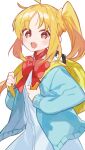  1girl :d ahoge backpack bag blonde_hair blue_jacket blush bocchi_the_rock! bow bowtie brown_eyes commentary_request dress holding_strap ijichi_nijika jacket kanyoko_(yuzukano_17) long_hair long_sleeves looking_at_viewer open_clothes open_jacket open_mouth red_bow red_bowtie side_ponytail sidelocks simple_background smile solo standing very_long_hair white_background white_dress yellow_bag 