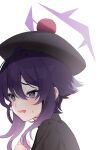  1girl black_headwear blue_archive blush hair_between_eyes halo haruka_(blue_archive) hat highres long_hair open_mouth pom_pom_(clothes) portrait purple_eyes purple_hair purple_halo simple_background solo suzu_(tonami0726) white_background 