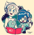  2girls artist_name book bracelet breasts cartoon_network collar company_connection crossover danishi eyeliner forehead_jewel hair_over_one_eye headphones hi_hi_puffy_amiyumi highres holding holding_book jewelry limited_palette logo makeup multiple_girls open_mouth pearl_(steven_universe) shirt short_hair signature small_breasts smile spiked_bracelet spiked_collar spikes star_(symbol) steven_universe t-shirt translation_request yoshimura_yumi 