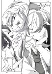  1boy 1girl arven_(pokemon) braid cocoa_s3 collared_shirt english_text fist_bump greyscale hair_over_one_eye highres juliana_(pokemon) long_hair monochrome multicolored_hair necktie open_mouth pokemon pokemon_(game) pokemon_sv shirt short_hair short_sleeves side_braid smile star_(symbol) 