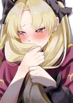  1girl absurdres black_ribbon blonde_hair blush cape check_commentary commentary commentary_request covering_mouth earrings ereshkigal_(fate) fate/grand_order fate_(series) fuku_dan hair_ribbon highres holding holding_hair jewelry looking_away parted_bangs red_cape red_eyes ribbon shadow simple_background single_sleeve white_background 