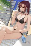  1girl alternate_costume aozaki_touko beach beach_chair bikini black_bikini blue_sky breasts brown_hair cleavage closed_mouth collarbone crossed_legs cup eyewear_removed fingernails highres kara_no_kyoukai long_hair looking_at_viewer medium_breasts navel orange_nails ponytail red_eyes sand shintyoi2 sitting sky smile solo sunglasses swimsuit table 