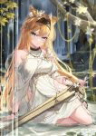  1girl absurdres animal_ears arknights arm_support bare_shoulders black_hairband blonde_hair commentary_request dress flower hair_flower hair_ornament hairband highres holding holding_sword holding_weapon horn_(arknights) horn_(to_effloresce_whitely)_(arknights) long_hair looking_at_viewer official_alternate_costume sitting solo sword v-shaped_eyebrows very_long_hair weapon white_dress white_flower wolf_ears yeosi 