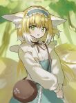  1girl 2naom8q6gt87292 animal_ear_fluff animal_ears aqua_hairband aqua_skirt arknights bag blonde_hair blurry blurry_background brown_bag brown_ribbon cardigan commentary cross-laced_clothes cross-laced_skirt cross-laced_slit depth_of_field fox_ears fox_girl fox_tail frilled_hairband frills green_eyes hair_ornament hair_scrunchie hairband high-waist_skirt highres kitsune kyuubi long_hair long_sleeves looking_at_viewer multicolored_hair multiple_tails neck_ribbon official_alternate_costume open_mouth outdoors own_hands_together puffy_long_sleeves puffy_sleeves ribbon round_bag scrunchie shirt shoulder_bag skirt solo suzuran_(arknights) suzuran_(spring_praise)_(arknights) tail two-tone_hair upper_body white_cardigan white_hair white_shirt 