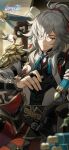  1boy animal animal_on_shoulder armor belt bird bird_on_hand bird_on_shoulder chinese_commentary grey_hair hair_over_one_eye high_ponytail highres holding honkai:_star_rail honkai_(series) jing_yuan logo long_hair long_sleeves looking_at_animal male_focus mole mole_under_eye official_art official_wallpaper pants red_headwear red_pants shoulder_armor sitting smile solo upper_body yellow_eyes 