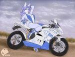  2023 5_fingers anthro big_breasts bikini blue_hair boots breasts chest_tuft clothed clothing digital_media_(artwork) female fingers flat_colors footwear fur ghostwolf gloves hair handwear high_heeled_boots high_heels humanoid_hands lagomorph leporid majesty_(jeremy_bernal) mammal motorcycle navel outside rabbit signature sling_bikini smile solo swimwear tuft vehicle white_body white_fur 