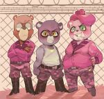  2023 anthro bear blush bottomwear brown_body capitan_hocicos clothing comandante_fluffy coronel_otto desktopbuddy23 detailed_background eyewear glasses green_eyes group hat headgear headwear hi_res male mammal outside pants pink_body shirt slightly_chubby smoking topwear unicorn_wars 