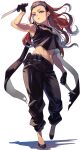  1girl absurdres dual_wielding gloves headband highres holding knife long_scarf looking_at_viewer midriff original rasetsu001 red_eyes red_hair scarf solo tank_top toned tongue tongue_out white_background 