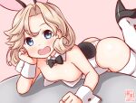  1girl alternate_costume animal_ears artist_logo bare_shoulders blonde_hair blue_eyes blush bow bowtie breasts covered_navel detached_collar fake_animal_ears gradient_background janus_(kancolle) kanon_(kurogane_knights) kantai_collection leotard looking_at_viewer lying on_stomach one-hour_drawing_challenge open_mouth pink_background playboy_bunny rabbit_ears rabbit_tail short_hair small_breasts smile solo strapless strapless_leotard tail thighhighs white_leotard white_thighhighs wrist_cuffs 