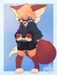  anthro ball_bulge blue_eyes bodily_fluids bulge canid canine clothed clothing clothing_lift exposed eyewear fox freckles genital_fluids gingy_(gingy_k_fox) gingy_k_fox glasses hi_res hoodie male mammal precum sheath_bulge shy solo topwear underwear 