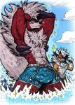  abs absurd_res anthro athletic athletic_anthro athletic_male bulge canid canine clothing duo dusk_lycanroc fluffy fluffy_tail generation_7_pokemon gesture hair hi_res huge_filesize jwbash kyoto_rex looking_at_viewer lycanroc male mammal midnight_lycanroc muscular muscular_anthro muscular_male nintendo orange_body partially_submerged pecs pokemon pokemon_(species) red_body sea sea_side simple_background sketch smile smirk smirking_at_viewer spiky_hair standing_in_water swimwear tail thumbs_up water white_body 