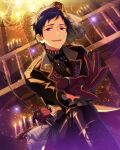  1boy blue_hair boots candle dark_blue_hair ensemble_stars! fushimi_yuzuru gloves happy_elements highres holding_riding_crop indoors jacket jewelry lapels looking_at_viewer male_focus mole mole_under_eye noble_game_(ensemble_stars!) notched_lapels official_alternate_costume official_art open_mouth purple_eyes ring shoelaces short_bangs solo third-party_source 