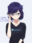  1girl a-chan_(hololive) absurdres black-framed_eyewear black_shirt blue_eyes bow closed_mouth collarbone eipanguino glasses hair_bow highres hololive long_sleeves looking_at_viewer purple_hair shirt short_hair smile solo swept_bangs upper_body virtual_youtuber 