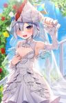  1girl alternate_costume amane_kanata angel_wings armpits asymmetrical_bangs bare_shoulders blue_hair blue_wings bob_cut bouquet breasts bridal_veil bride bu_leike cleavage_cutout clothing_cutout colored_inner_hair commentary_request detached_sleeves dress fang feathered_wings flower frilled_dress frills gradient_wings grey_hair hair_over_one_eye halo highres holding holding_bouquet hololive long_sleeves looking_at_viewer mini_wings multicolored_hair multicolored_wings open_mouth outdoors purple_eyes short_hair skin_fang small_breasts solo star_halo streaked_hair veil virtual_youtuber wedding_dress white_dress white_wings wings 