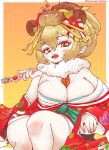  1girl animal_ears blonde_hair breasts cleavage eyeshadow fur_collar hadanugi_dousa hair_between_eyes hair_ornament huge_breasts japanese_clothes kanzashi kemono_friends kemono_friends_3 kimono lion_(kemono_friends) lion_ears long_hair looking_at_viewer makeup maki_(02uh14l1b740ao2) necktie open_clothes open_kimono open_mouth party_horn sarashi solo 