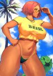  1girl absurdres dark-skinned_female dark_skin giovanna_(guilty_gear) glasses green_eyes guilty_gear guilty_gear_strive hand_on_own_hip highres midriff palm_tree red_hair rei_(guilty_gear) searching shirt short_hair signature spunkyramaz sweat swimsuit tree yellow_shirt 