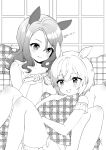  2girls :d animal_ears bare_arms bare_shoulders bloomers brushing_another&#039;s_hair brushing_hair closed_mouth collarbone dress feet_out_of_frame frills greyscale hair_between_eyes hair_brush holding horse_ears king_halo_(umamusume) knees_up koruri long_hair monochrome multiple_girls object_hug parted_bangs pillow pillow_hug plaid_pillow seiun_sky_(umamusume) sitting sleeveless sleeveless_dress smile twitter_username umamusume underwear unmoving_pattern 