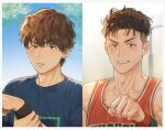  1boy basketball_hoop basketball_jersey basketball_uniform beckoning bishounen black_wristband blue_shirt brown_eyes brown_hair day earrings fist_bump jewelry looking_at_viewer male_focus miyagi_ryouta multiple_views og_man open_mouth raised_eyebrows red_tank_top red_wristband shirt slam_dunk_(series) smile sportswear stud_earrings sweat tank_top toned toned_male undercut wavy_hair wire_fence 