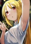  1girl :o absurdres arm_up armpits blonde_hair bocchi_the_rock! drumsticks highres holding holding_drumsticks ijichi_nijika light_blush long_hair looking_at_viewer ponytail presenting_armpits red_eyes shirt sidelocks solo teeth tomodachi_(tomofanart) upper_body upper_teeth_only white_shirt 