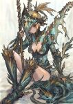  1girl absurdres armor blonde_hair breasts dragon greaves helmet highres holding holding_weapon looking_at_viewer original ponytail sabamisob sitting solo weapon wings yellow_eyes 