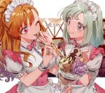 2girls apron banana blush bow bowtie breasts chocolate closed_mouth cookie cream cup dress eating food food_on_face frilled_apron frilled_sleeves frills from_side fruit green_hair grey_eyes grid_background hair_bow holding holding_cup holding_food holding_spoon hoyaza1561 ice_cream idolmaster idolmaster_(classic) idolmaster_million_live! idolmaster_million_live!_theater_days idolmaster_one_for_all idolmaster_starlit_season idolmaster_stella_stage kuroi_takao leon_(idolmaster) long_hair looking_at_another matcha_(food) medium_breasts mole mole_under_eye mouth_hold multiple_girls one_eye_closed orange_hair pink_bow pink_bowtie pink_dress ponytail pretzel puffy_short_sleeves puffy_sleeves purple_eyes shiika_(idolmaster) short_hair short_sleeves smile spoon sundae waist_apron white_apron white_headdress wristband 