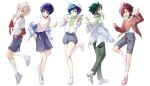  5boys absurdres bandaid bandaid_on_face blue_eyes braid collar full_body genshin_impact green_eyes green_hair green_pants green_shirt grey_hair grey_shorts highres jacket kaedehara_kazuha kkopoli long_sleeves microphone multicolored_hair multiple_boys necktie one_eye_closed open_mouth pants purple_hair red_footwear red_hair red_necktie red_shirt scaramouche_(genshin_impact) shikanoin_heizou shirt shoes short_hair shorts sneaker tassel tongue tongue_out twin_braids upper_body venti_(genshin_impact) wanderer_(genshin_impact) white_footwear white_headwear white_jacket white_shirt xiao_(genshin_impact) 