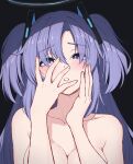  1girl black_background blue_archive blue_eyes blush breasts halo hands_on_own_face highres large_breasts looking_at_viewer mechanical_halo nude parted_lips purple_hair purple_pupils reia_76 solo two_side_up yuuka_(blue_archive) 